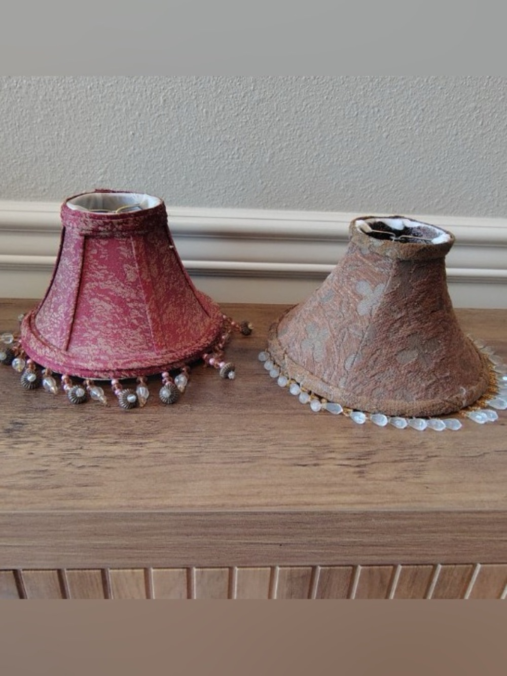 Vtg Clip On Lamp Shades 90s Ornate Velvet Burnout Beaded Fringe 5” tall Set of 2